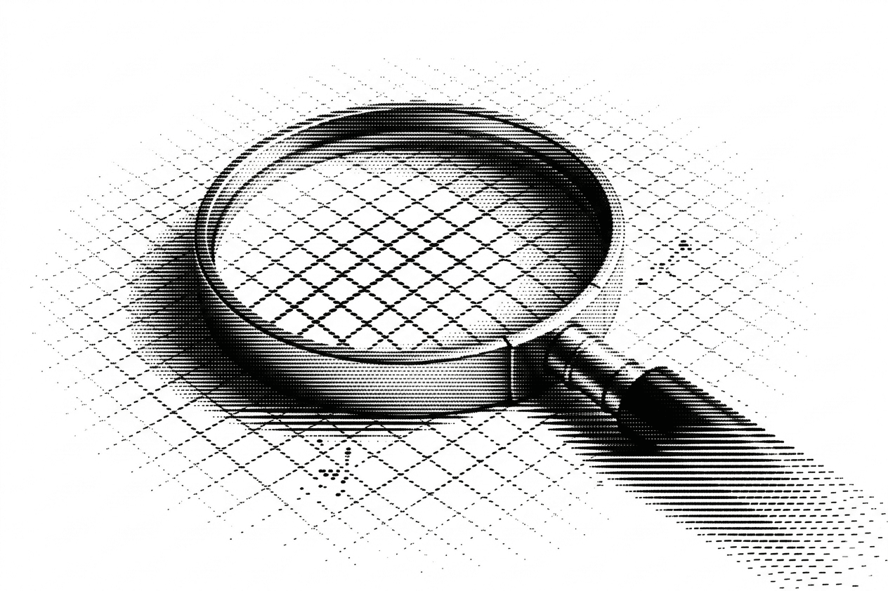 Dithered illustration of a magnifying glass on a grid