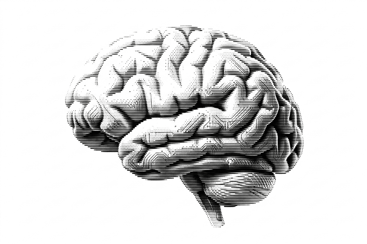 Dithered illustration of a human brain